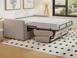 Vente-unique Slaapbank Met Matras-Express-Vierzitsslaapbank Van Beige Ribfluweel - Bed Met Brede Latten 160 Cm - Matras 22 Cm Loreto