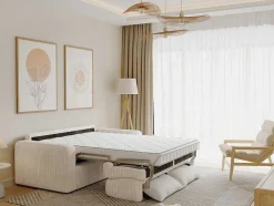 Vente-unique Slaapbank Met Matras-Express-Vierzitsslaapbank Van Beige Ribfluweel - Bed Met Brede Latten 160 Cm - Matras 18 Cm - Bevis