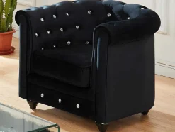 Vente-unique Fauteuil Stof-Fauteuil Chesterfield - Fluweel - Zwart Met Kristallen Knopen
