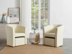 Vente-unique Fauteuil Met Holle Rugleuning-Fauteuil Met Holle Rugleuning En Poef In Beige Kunstleer Jovana