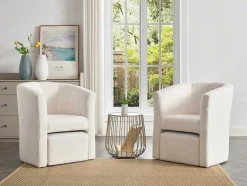 Vente-unique Fauteuil Met Holle Rugleuning-Fauteuil Met Holle Rugleuning En Poef In Witte Bouclestof Jovana