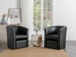 Vente-unique Fauteuil Met Holle Rugleuning-Fauteuil Met Holle Rugleuning En Poef In Zwart Kunstleer Jovana