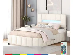 ModernLuxe Fluwelen Bed-Fluwelen Opbergbed Met Led En Lattenbodem - 140X200Cm - Beige