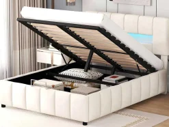 ModernLuxe Fluwelen Bed-Fluwelen Opbergbed Met Led En Lattenbodem - 140X200Cm - Beige