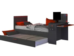 Vente-unique Bed Met Slaaplade-Gamer Bed 2 X 90 X 200 - Met Bureau - Led'S - Antraciet En Rood + Bedbodem - Vouani