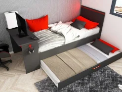 Vente-unique Bed Met Slaaplade-Gamer Bed 2 X 90 X 200 - Met Bureau - Led'S - Antraciet En Rood + Bedbodem - Vouani