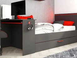 Vente-unique Bed Met Slaaplade-Gamer Bed 2 X 90 X 200 - Met Bureau - Led'S - Antraciet En Rood + Bedbodem - Vouani