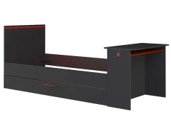 Vente-unique Bed Met Slaaplade-Gamer Bed 2 X 90 X 200 - Met Bureau - Led'S - Antraciet En Rood + Bedbodem - Vouani