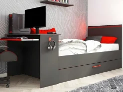 Vente-unique Bed Met Slaaplade-Gamer Bed 2 X 90 X 200 - Met Bureau - Led'S - Antraciet En Rood + Bedbodem - Vouani
