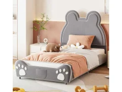 Vente-unique Kinderbed-Gestoffeerd Bed Met Hoofdeinde 90 X 200 Cm - Beervorm - Fluweel - Grijs