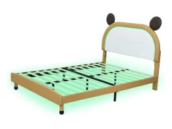 Vente-unique Tweepersoonsbed-Gestoffeerd Bed Met Verstelbaar Hoofdbord 140 X 200 Cm - Led'S - Pu Leer - Geel + Bruin