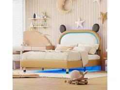 Vente-unique Tweepersoonsbed-Gestoffeerd Bed Met Verstelbaar Hoofdbord 140 X 200 Cm - Led'S - Pu Leer - Geel + Bruin