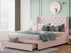 ModernLuxe Aanbiedingen: Slaapkamer & Kantoor-Gestoffeerd Bed 140X200Cm - Linnen Stof - Met Een Lade - Roze