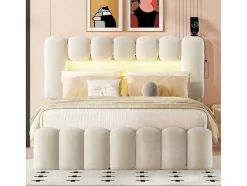 ModernLuxe Fluwelen Bed-Gestoffeerd Bed 140X200Cm Met 4 Lades - Met Led + Usb Oplaadpoort + Lezer - Beige
