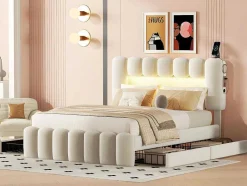 ModernLuxe Fluwelen Bed-Gestoffeerd Bed 140X200Cm Met 4 Lades - Met Led + Usb Oplaadpoort + Lezer - Beige
