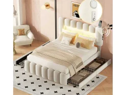ModernLuxe Fluwelen Bed-Gestoffeerd Bed 140X200Cm Met 4 Lades - Met Led + Usb Oplaadpoort + Lezer - Beige