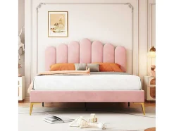 ModernLuxe Aanbiedingen: Slaapkamer & Kantoor-Gestoffeerd Fluwelen Bed 140X200Cm Met Lattenbodem - Verstelbaar Hoofdeinde - Roze