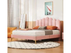 ModernLuxe Aanbiedingen: Slaapkamer & Kantoor-Gestoffeerd Fluwelen Bed 140X200Cm Met Lattenbodem - Verstelbaar Hoofdeinde - Roze