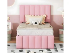 ModernLuxe Bed Met Slaaplade-Gestoffeerd Linnen Bed 90X200Cm - Met Onderschuifbed Op Wielen En 3 Lades - Roze