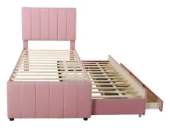 ModernLuxe Bed Met Slaaplade-Gestoffeerd Linnen Bed 90X200Cm - Met Onderschuifbed Op Wielen En 3 Lades - Roze