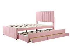 ModernLuxe Bed Met Slaaplade-Gestoffeerd Linnen Bed 140X200Cm - Met Onderschuifbed Op Wielen En 3 Lades - Roze
