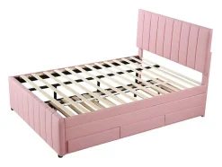 ModernLuxe Bed Met Slaaplade-Gestoffeerd Linnen Bed 140X200Cm - Met Onderschuifbed Op Wielen En 3 Lades - Roze