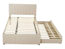 ModernLuxe Kinderbed-Gestoffeerd Linnen Bed 140X200Cm - Met Onderschuifbed Op Wielen En 3 Lades - Beige