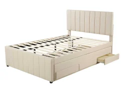 ModernLuxe Kinderbed-Gestoffeerd Linnen Bed 140X200Cm - Met Onderschuifbed Op Wielen En 3 Lades - Beige