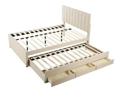 ModernLuxe Kinderbed-Gestoffeerd Linnen Bed 140X200Cm - Met Onderschuifbed Op Wielen En 3 Lades - Beige
