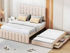 ModernLuxe Kinderbed-Gestoffeerd Linnen Bed 140X200Cm - Met Onderschuifbed Op Wielen En 3 Lades - Beige