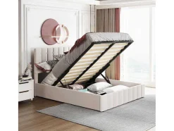 ModernLuxe Fluwelen Bed-Gestoffeerd Opbergbed - 140X200Cm - Stof Fluweel - Beige