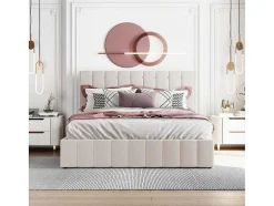 ModernLuxe Fluwelen Bed-Gestoffeerd Opbergbed - 140X200Cm - Stof Fluweel - Beige