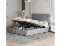 ModernLuxe Fluwelen Bed-Gestoffeerd Opbergbed - 140X200Cm - Fluwelen Stof - Grijs