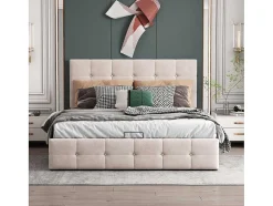 ModernLuxe Fluwelen Bed-Gestoffeerd Opbergbed - 140X200Cm - Fluwelen Stof - Verstelbaar Blokpatroon Hoofdeinde - Creme