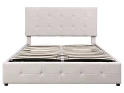 ModernLuxe Fluwelen Bed-Gestoffeerd Opbergbed - 140X200Cm - Fluwelen Stof - Verstelbaar Blokpatroon Hoofdeinde - Creme