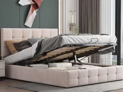 ModernLuxe Fluwelen Bed-Gestoffeerd Opbergbed - 140X200Cm - Fluwelen Stof - Verstelbaar Blokpatroon Hoofdeinde - Creme