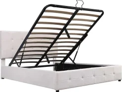 ModernLuxe Fluwelen Bed-Gestoffeerd Opbergbed - 140X200Cm - Fluwelen Stof - Verstelbaar Blokpatroon Hoofdeinde - Creme
