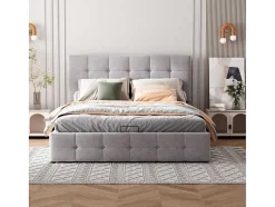 ModernLuxe Fluwelen Bed-Gestoffeerd Opbergbed - 140X200Cm - Fluwelen Stof - Verstelbaar Hoofdeinde Met Blokpatroon - Grijs
