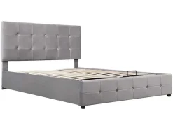ModernLuxe Fluwelen Bed-Gestoffeerd Opbergbed - 140X200Cm - Fluwelen Stof - Verstelbaar Hoofdeinde Met Blokpatroon - Grijs