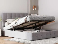 ModernLuxe Fluwelen Bed-Gestoffeerd Opbergbed - 140X200Cm - Fluwelen Stof - Verstelbaar Hoofdeinde Met Blokpatroon - Grijs