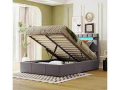 ModernLuxe Fluwelen Bed-Gestoffeerd Opbergbed 140X200Cm - Fluwelen Stof - Met Led En Bluetooth Speler - Grijs