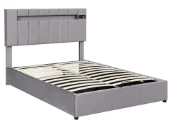 ModernLuxe Fluwelen Bed-Gestoffeerd Opbergbed 140X200Cm - Fluwelen Stof - Met Led En Bluetooth Speler - Grijs
