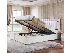 ModernLuxe Fluwelen Bed-Gestoffeerd Opbergbed 140X200Cm - Stof Fluweel - Met Led En Bluetooth Speler - Beige