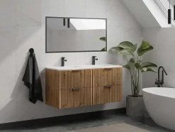 Vente-unique Dubbele Wastafel-Gestreept Hangmeubel Voor Badkamer Met Inbouwwastafel - Licht Naturel - 120 Cm - Zevara