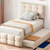 ModernLuxe Kinderbed-Getuft Onderschuifbed 90X200Cm - Verstelbaar Hoofdeinde - Linnen Stof - Beige