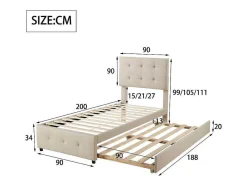 ModernLuxe Kinderbed-Getuft Onderschuifbed 90X200Cm - Verstelbaar Hoofdeinde - Linnen Stof - Beige