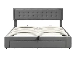 ModernLuxe Fluwelen Bed-Gewatteerd Opbergbed 160X200Cm In Fluweel Met Lade + Lattenbodem - Grijs (Zonder Matras)
