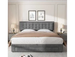 ModernLuxe Fluwelen Bed-Gewatteerd Opbergbed 160X200Cm In Fluweel Met Lade + Lattenbodem - Grijs (Zonder Matras)