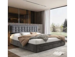 ModernLuxe Fluwelen Bed-Gewatteerd Opbergbed 160X200Cm In Fluweel Met Lade + Lattenbodem - Grijs (Zonder Matras)