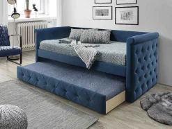 Vente-unique Bed Met Slaaplade-Gewatteerde Slaapbank Louise - 2 X 90 X 190 Cm - Stof Blauw